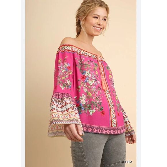 Umgee Boho Off Shoulder Paisley Floral Blouse Long Bell Sleeves - Picture 2 of 9